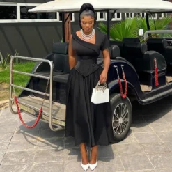 Women's Summer Slash Shoulder Girdle Slim Fit Short Sleeve A-Line Dress