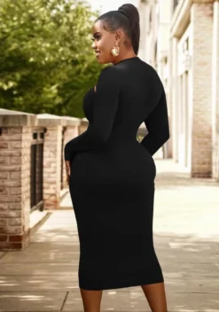 Women Spring Black Sexy O-Neck Full Sleeves Solid Hollow Out Midi Sheath Club Dress