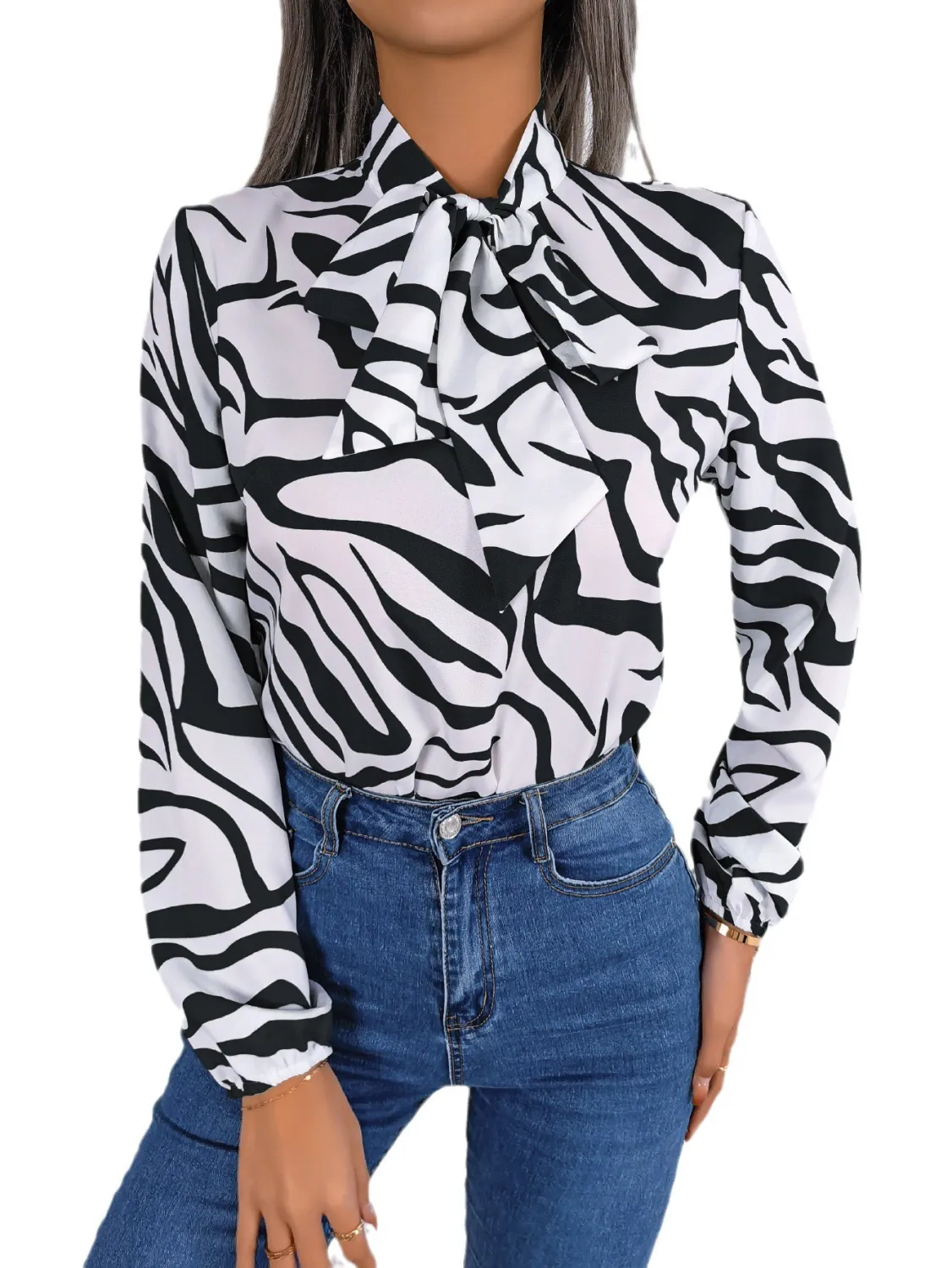 Autumn And Winter Chic Color Contrast Striped Tie Lantern Sleeve Chiffon Shirt Women's Clothing