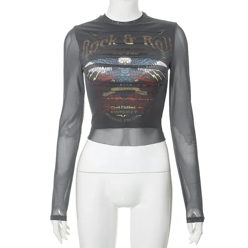 Women Printed Long Sleeve Sexy See-Through Crop Top - Image 12