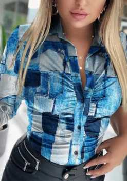 Women Long Sleeve Printed Turndown Collar Shirt