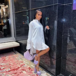 Women'S Autumn And Winter New Fashion Polo Collar Skirt Sexy Side Slit Solid Color Shirt