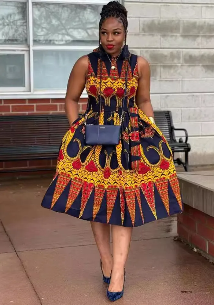 Sexy Printed Turndown Collar Sleeveless Slim Waist African Dress - Image 5