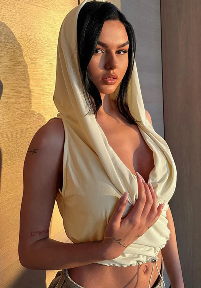 Women Summer Solid Color Casual Sleeveless Hooded Drawstring Deep V Neck Top - Image 4