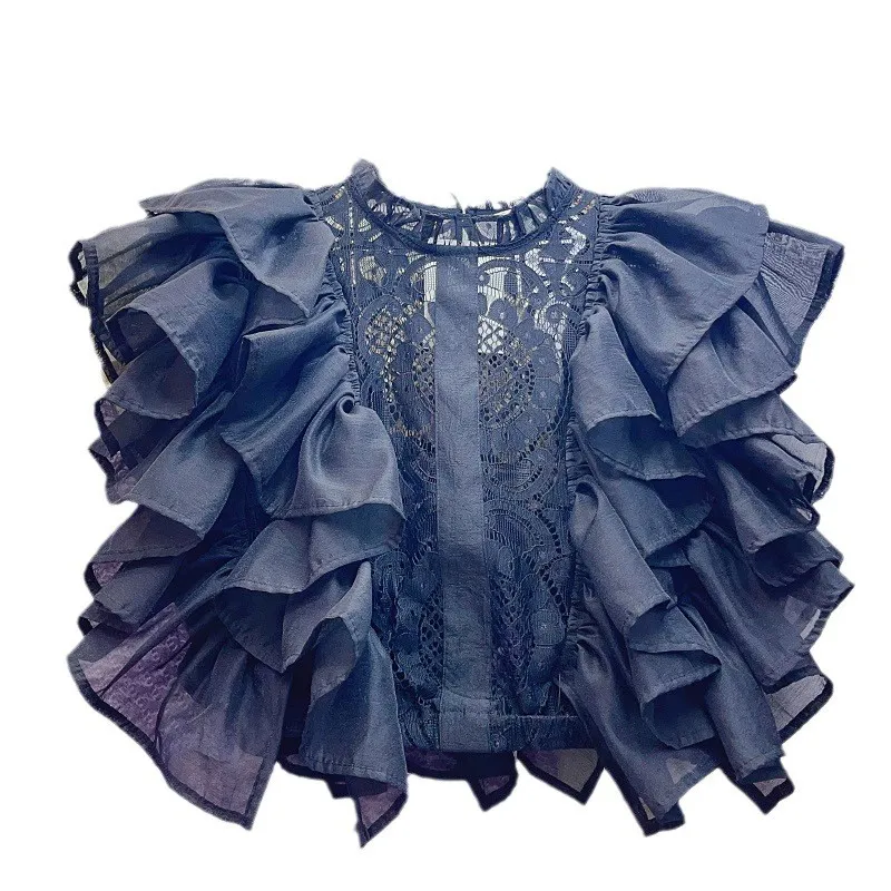 Women Summer French Ruffle Patchwork Crochet Hollow Stand Collar Lace Shirt - Image 2