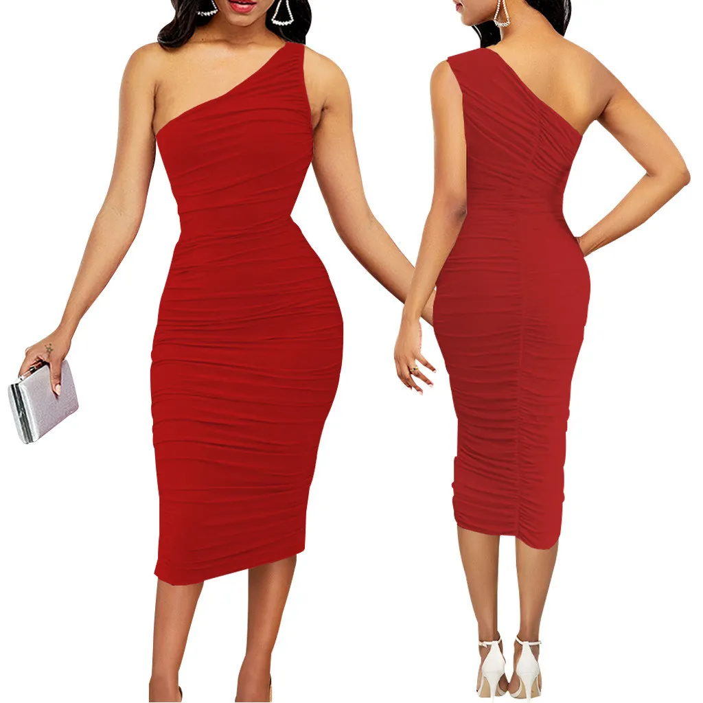 Women Sexy Solid One Shoulder Dress - Image 9