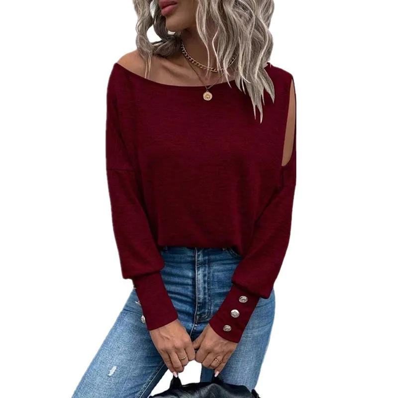 Women Solid Off Shoulder Cuff Button T-Shirt - Image 10
