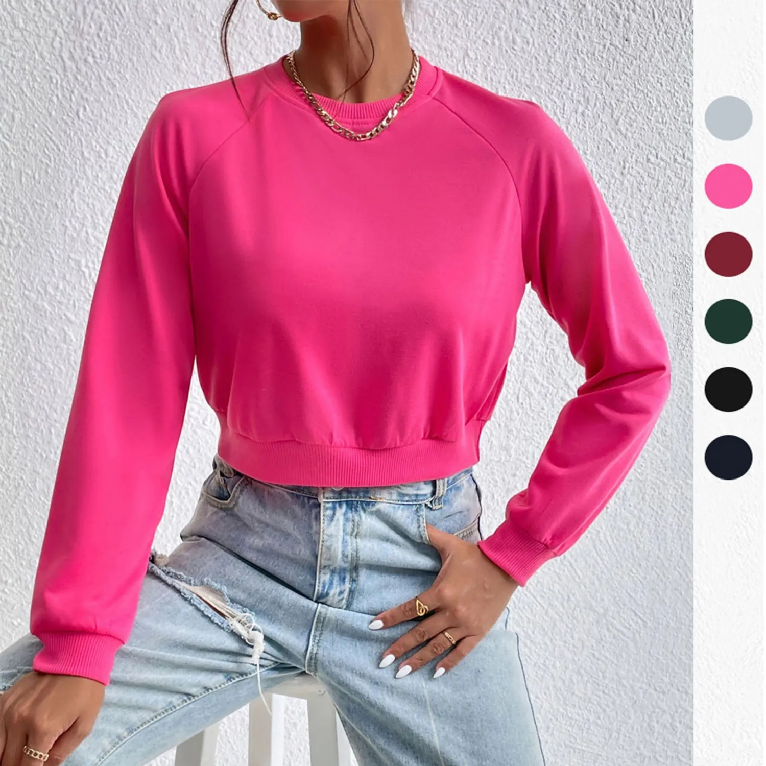Casual Track Top Cropped Crop Round Neck Hoodies - Image 12