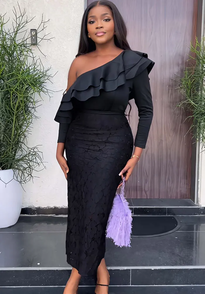 One Shoulder Ruffled Chic Evening Dress Slim Lace Bodycon Dress - Image 9