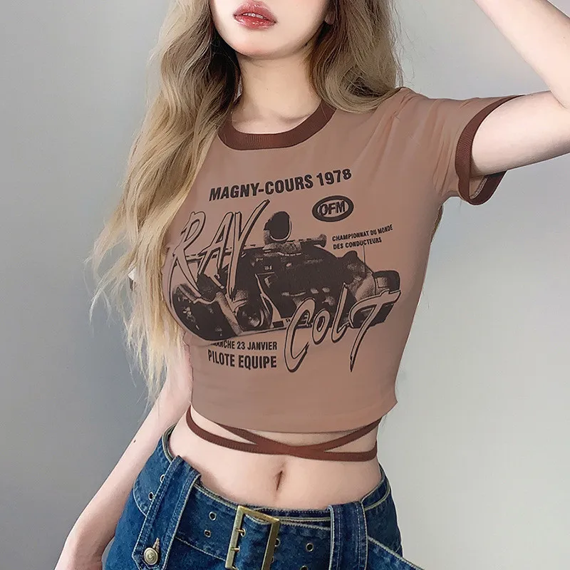 Summer Sexy Slim Fashion Print Round Neck Lace-Up Corset Crop T-Shirt Women - Image 9