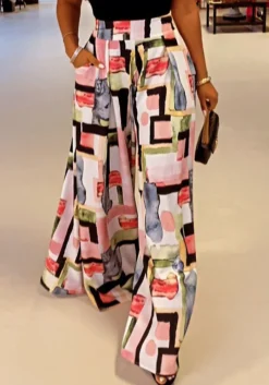 Women Summer Printed Wide Leg Pants High Waist Elastic Waist Geometric Print Pockets Full Length Loose Pants