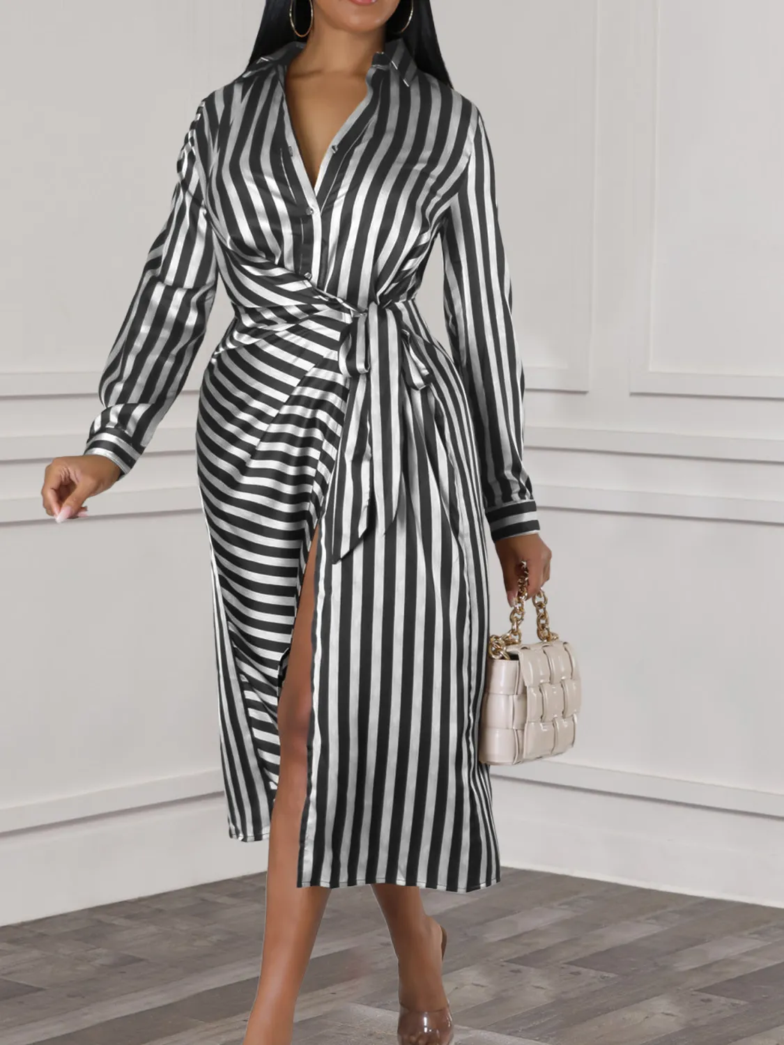 Plus Size African Women Striped Turndown Collar Loose Long Sleeve Shirt Dress - Image 6