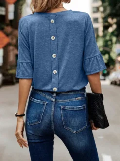 Summer And Autumn Women's Solid Color Single-breasted Fashion Ruffle Sleeve T-shirt