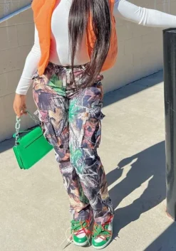 Autumn/Winter Fashion Leaf Print Straight High Waist Pocket Multicolor Cargo Pants