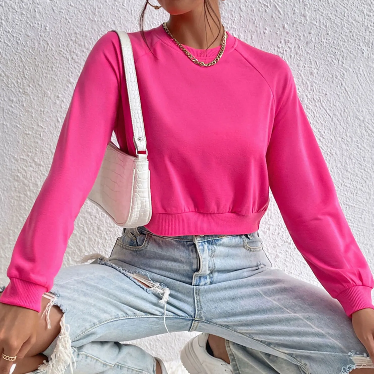 Casual Track Top Cropped Crop Round Neck Hoodies - Image 18