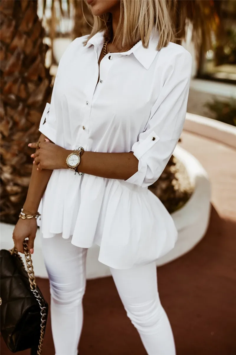 Spring Solid Chic Career Pullover Green Turndown Collar Single Breasted Casual Elegant Women's T-Shirt - Image 10