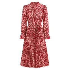 Fall Winter Ladies Chic Leopard Stand Collar Tie Pleated Casual Midi Dress