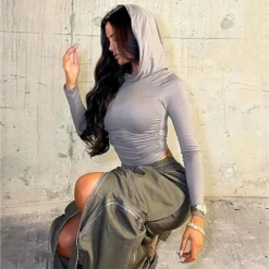 Women's Hooded Top Autumn And Winter Casual Solid Color Long Sleeve Crop T-Shirt For Women