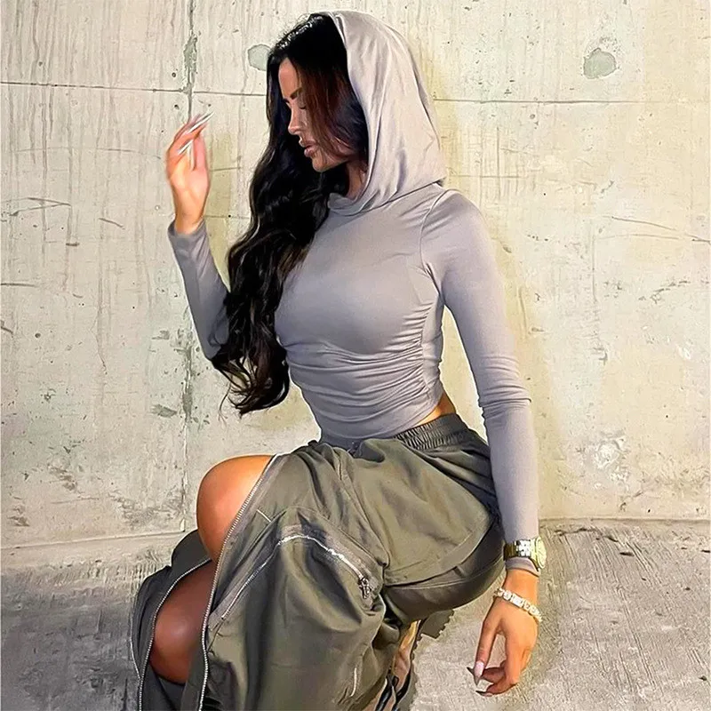Women's Hooded Top Autumn And Winter Casual Solid Color Long Sleeve Crop T-Shirt For Women