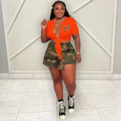 Women'S Summer Double Cross Embroidered Cutout Lace-Up T-Shirt