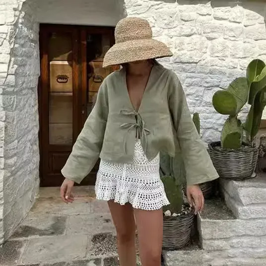 Women's Deep V Bell Bottom Sleeve Lace-Up Tops - Image 13