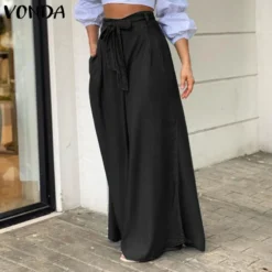 Plus Size Women Casual Denim Strappy High Waisted Wide Leg Pants