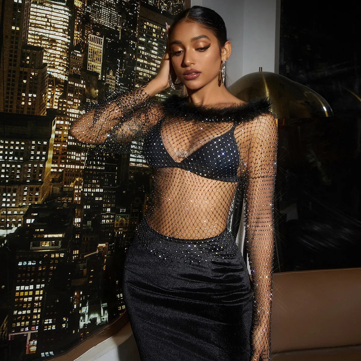 Women's Sparkling Diamond Hollow Long Sleeve Women's T-shirt Fishnet Top - Image 6