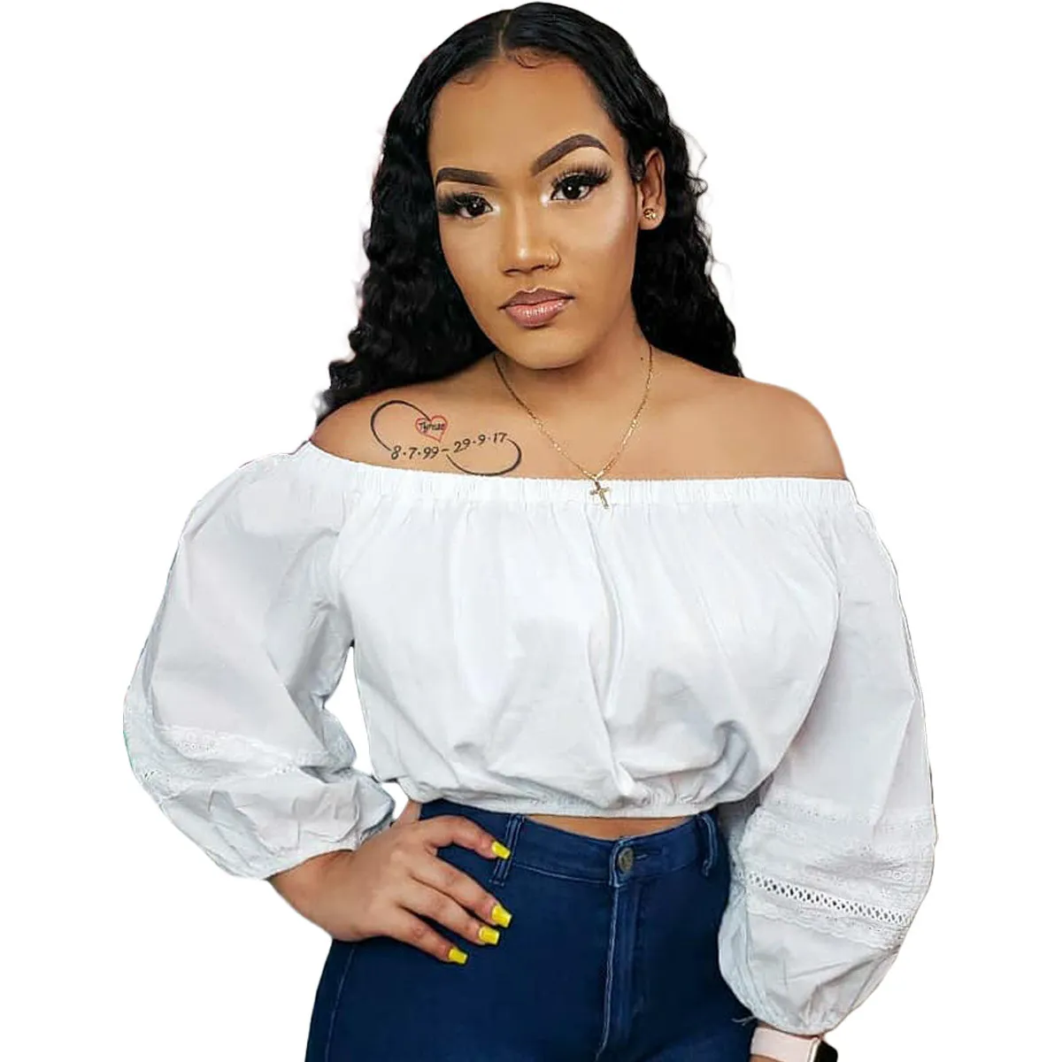 Women's Autumn Solid Lace Off Shoulder Top (Top Only) - Image 4