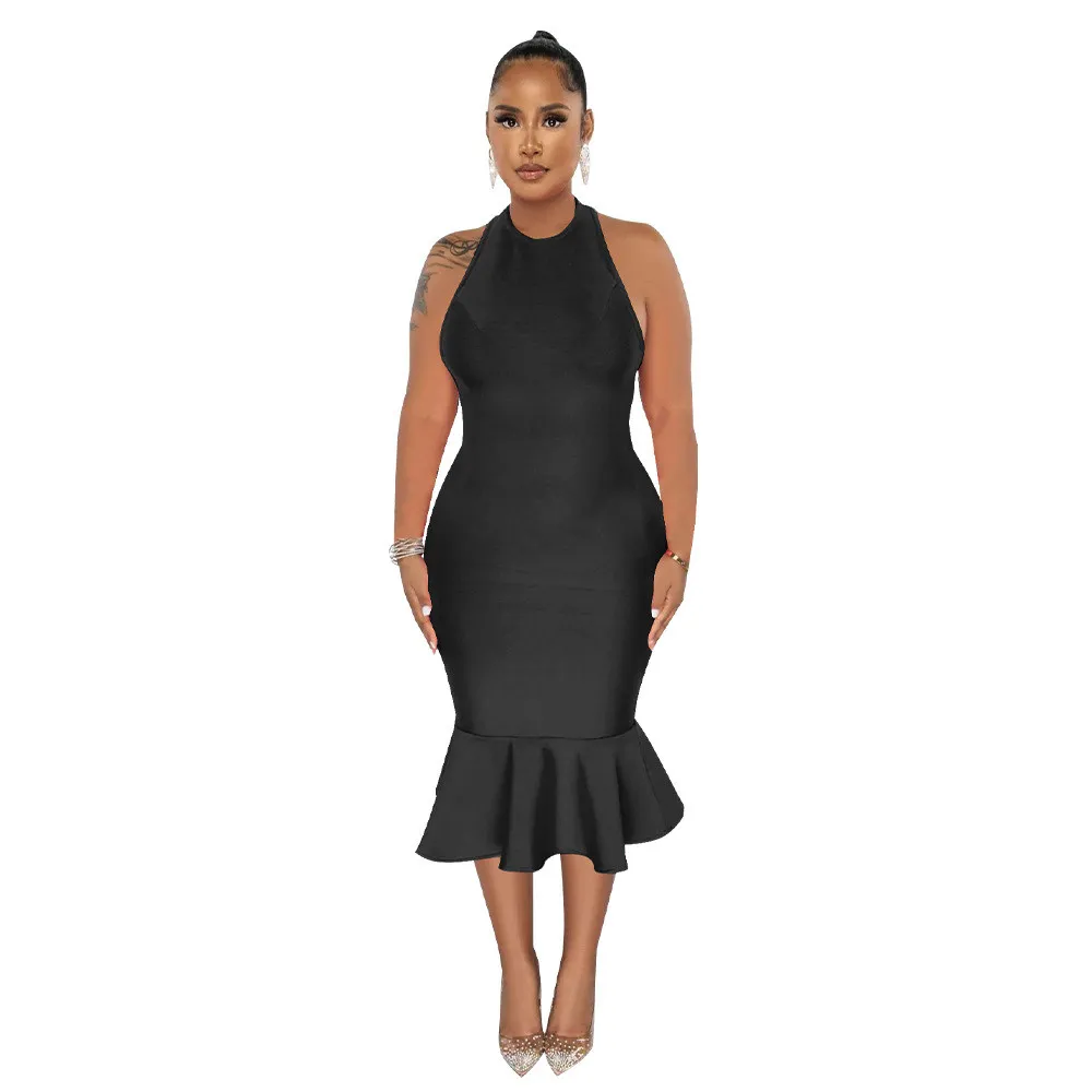Women's Solid Color Halter Neck Bodycon Mermaid Party Dress - Image 10