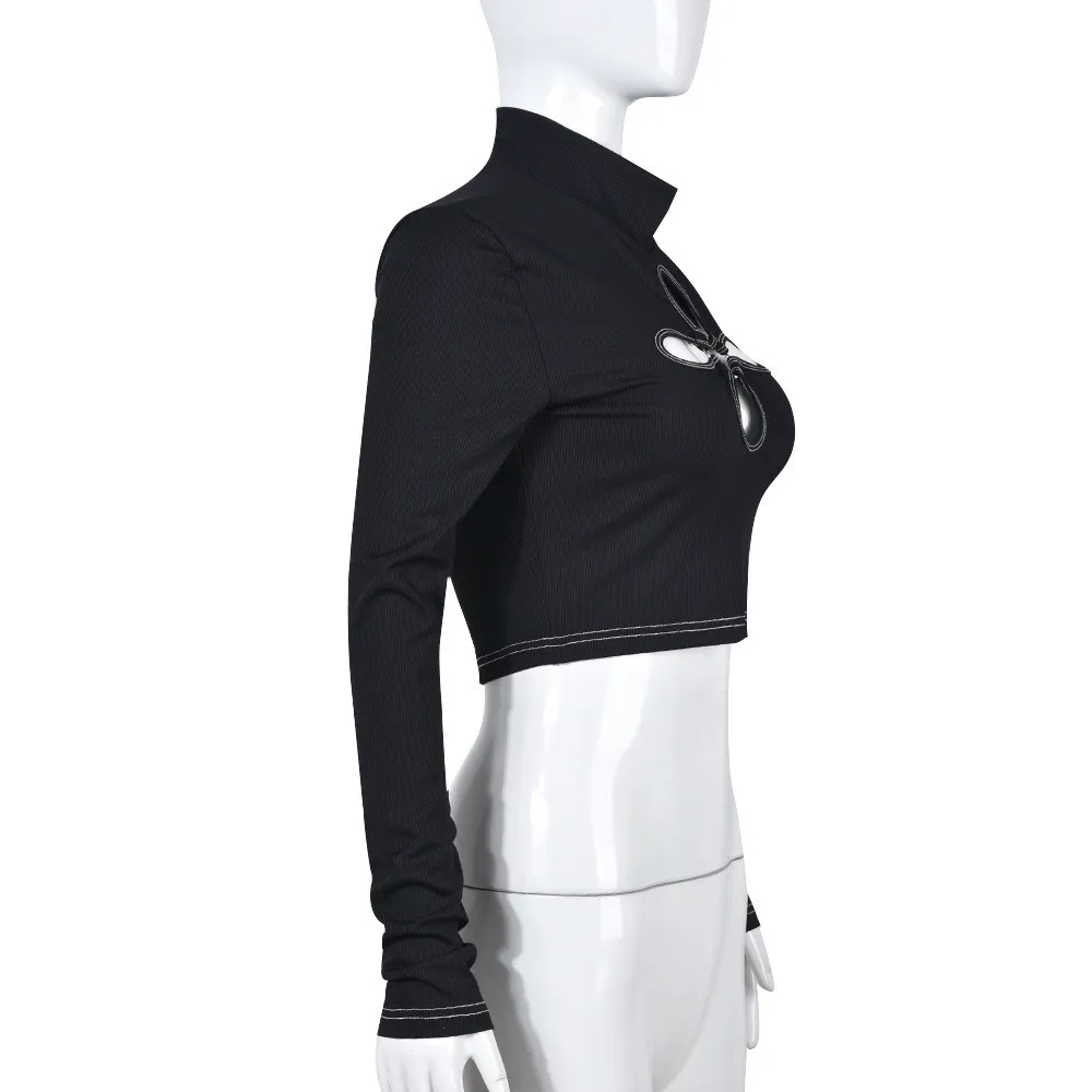 Women Round Neck Four Leaf Cutout Solid Long Sleeve Crop Top - Image 5