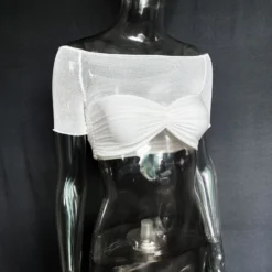 Spring Summer Ladies Off Shoulder Ruched Crop Short Sleeve T-Shirt