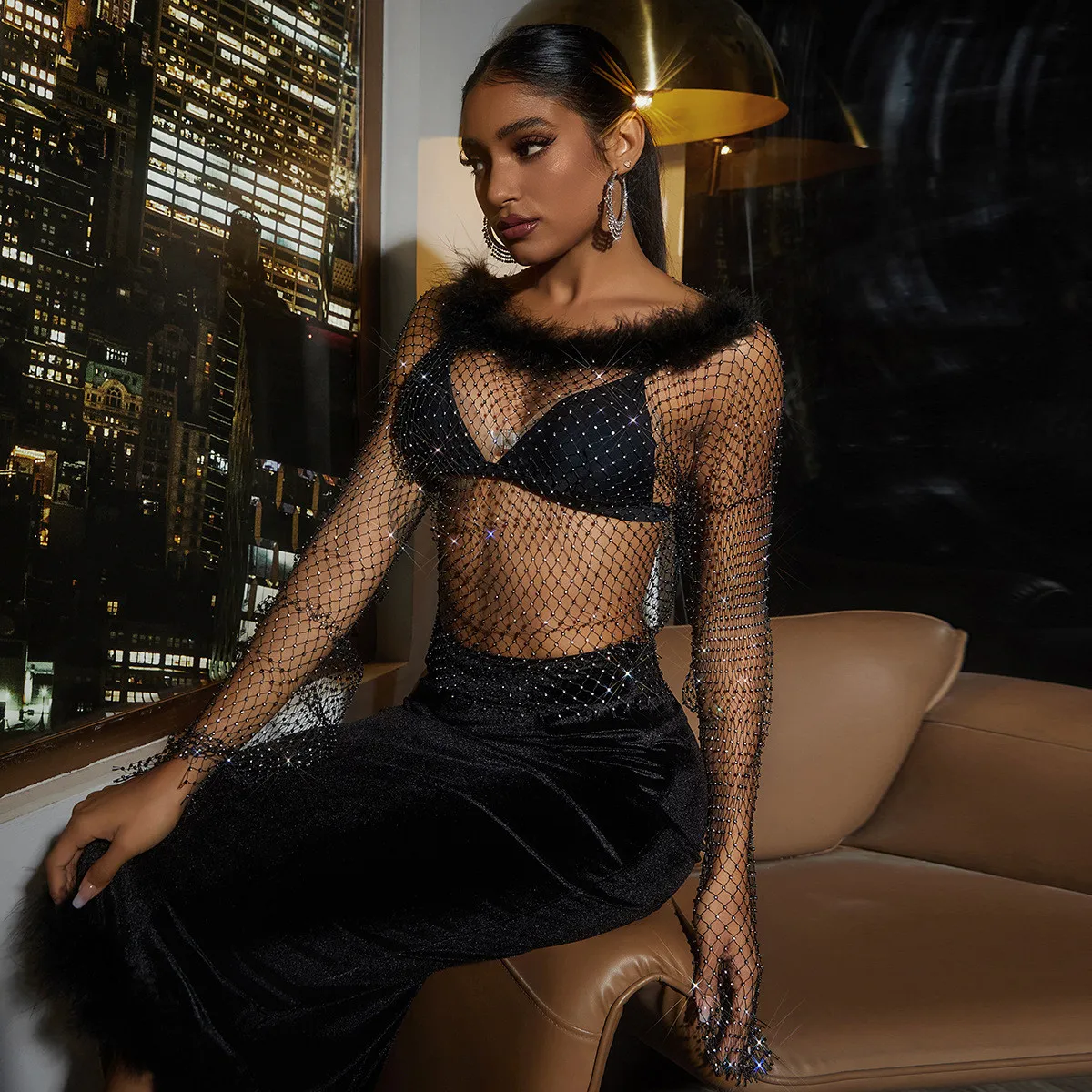 Women's Sparkling Diamond Hollow Long Sleeve Women's T-shirt Fishnet Top - Image 7