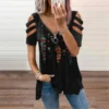 Ladies V Neck Zipper Pullover Print Short Sleeve Loose T-Shirt Women Tops