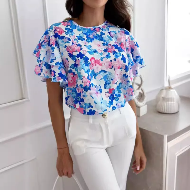 Women Summer Print Ruffle Sleeve Round Neck Short Sleeve Top - Image 4