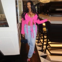 Women Autumn V Neck Tie Ruffle Edge Long Sleeve Top