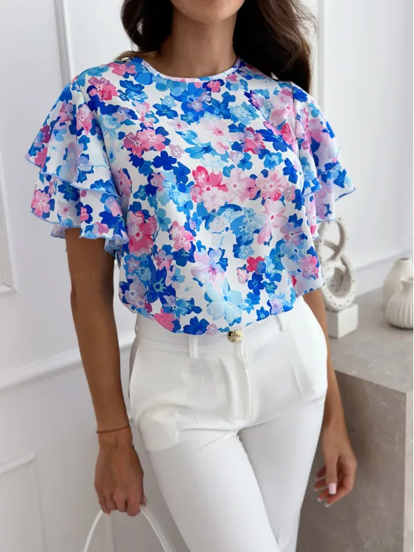 Women Summer Print Ruffle Sleeve Round Neck Short Sleeve Top - Image 5