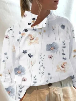 Women Casual Stand Collar Long Sleeve Printed Shirt