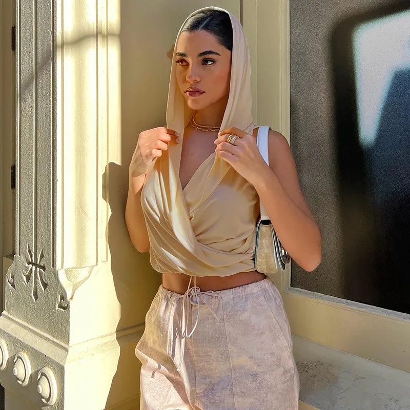 Women Summer Solid Color Casual Sleeveless Hooded Drawstring Deep V Neck Top - Image 3