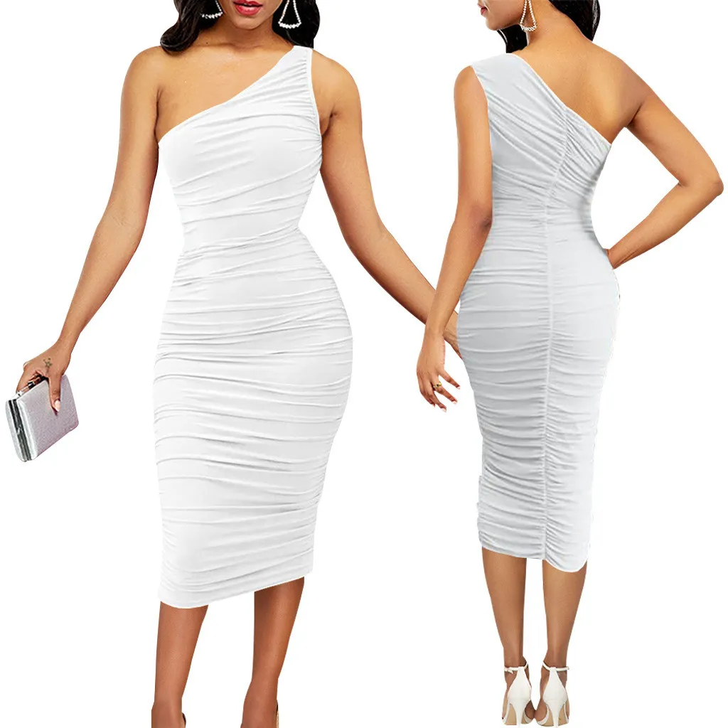 Women Sexy Solid One Shoulder Dress - Image 4