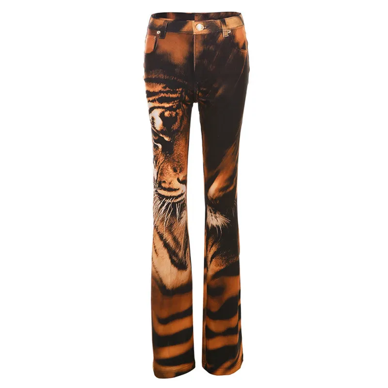Summer Women's High Waist Digital Printed Fake Pockets Slim Fit Bell Bottom Casual Pants - Image 6