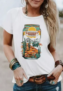 Summer Vintage Graphic Here's Where Denim Rides A Cactus Round Neck Pullover T-Shirt