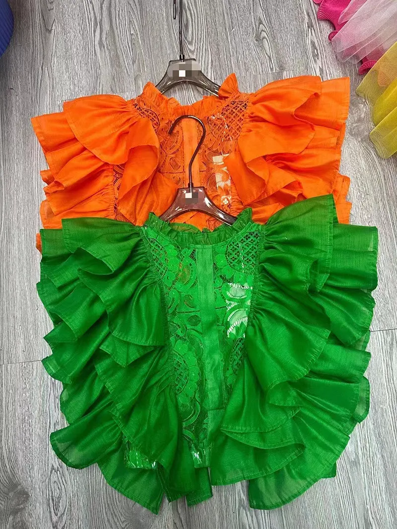 Women Summer French Ruffle Patchwork Crochet Hollow Stand Collar Lace Shirt - Image 8