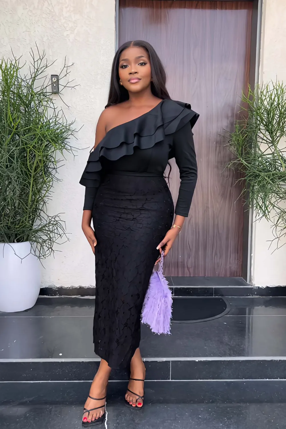 One Shoulder Ruffled Chic Evening Dress Slim Lace Bodycon Dress - Image 6