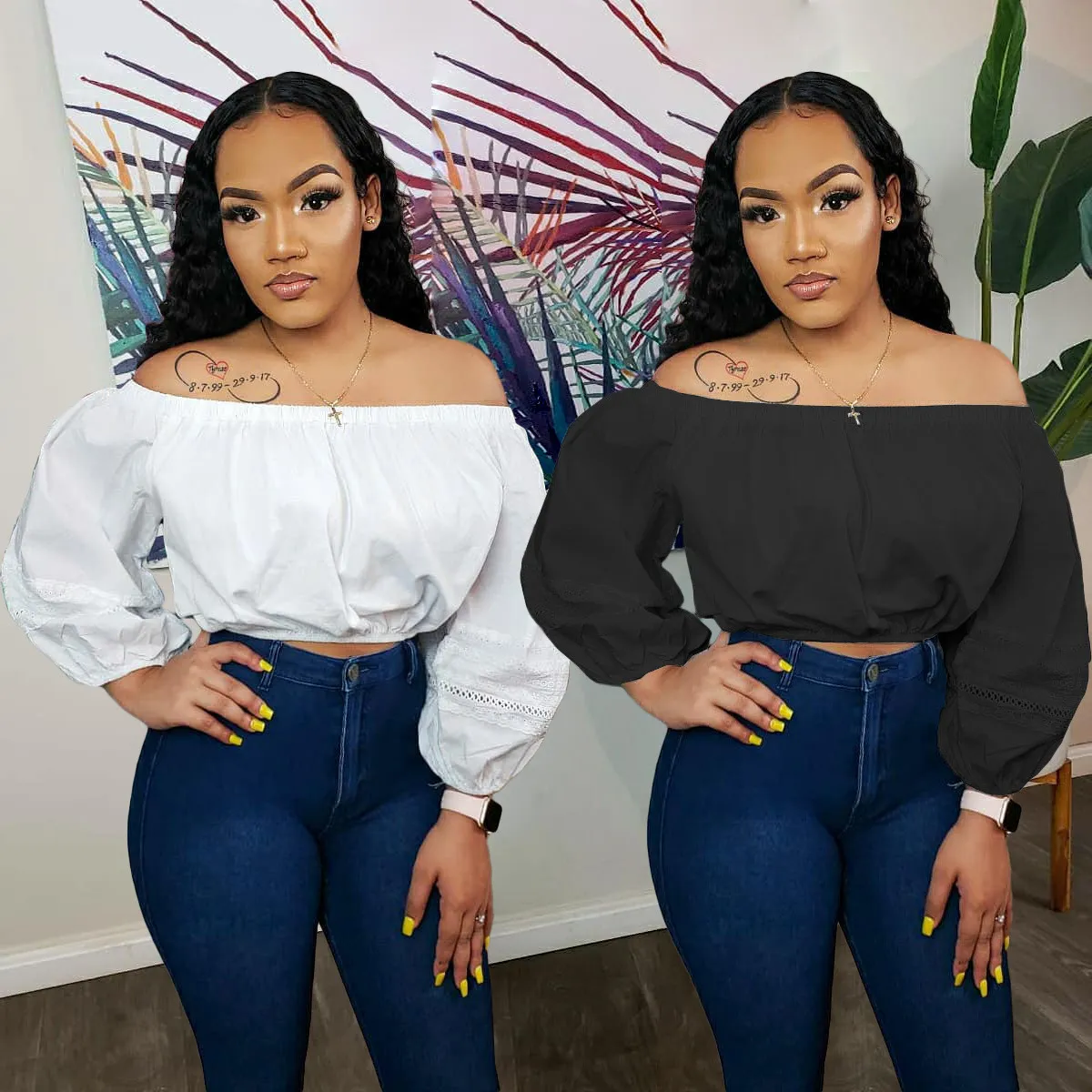 Women's Autumn Solid Lace Off Shoulder Top (Top Only) - Image 8