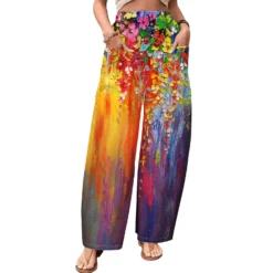 Women Casual High Waisted Loose Printed Wide Leg Pants