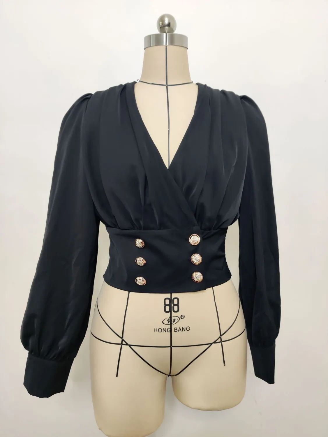 Women's V-Neck Sexy Long-Sleeved Short Slim Waist Puff Sleeve Solid Color Pleated Shirt - Image 6