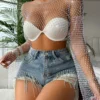 Women Fishnet Blouse Sexy Hollow Bright Diamond Trendy Long Sleeve Beaded Top