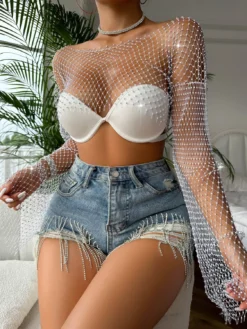 Women Fishnet Blouse Sexy Hollow Bright Diamond Trendy Long Sleeve Beaded Top