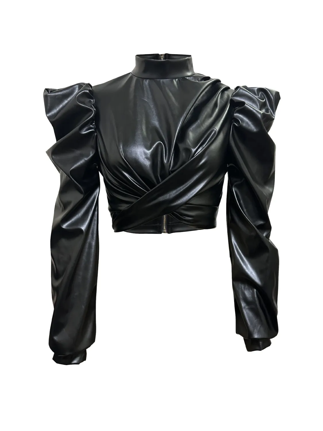 Women Puff Shoulder Pu Leather Crop Top - Image 12