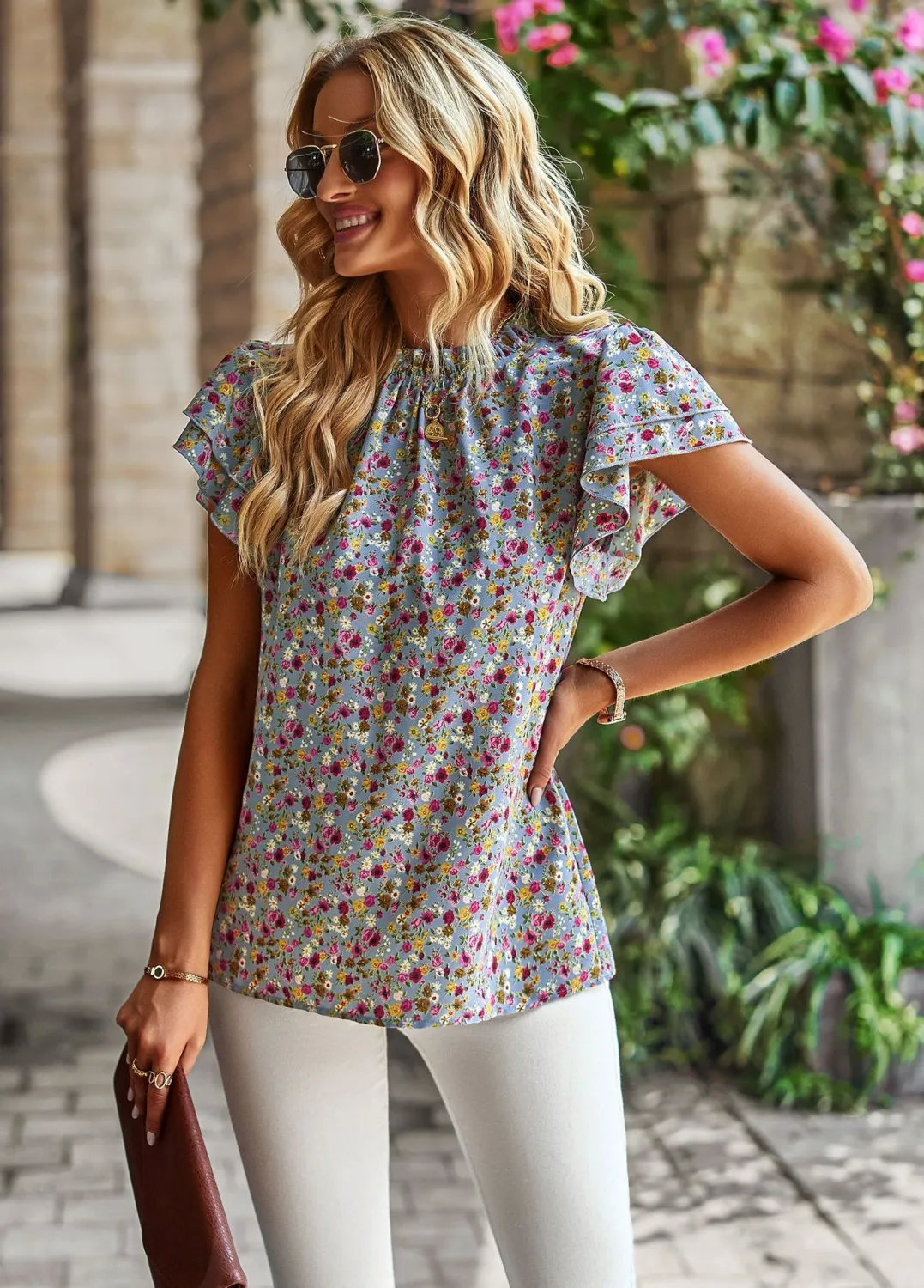 Spring Summer Women'S Loose Casual Top Floral Round Neck Shirt - Image 6